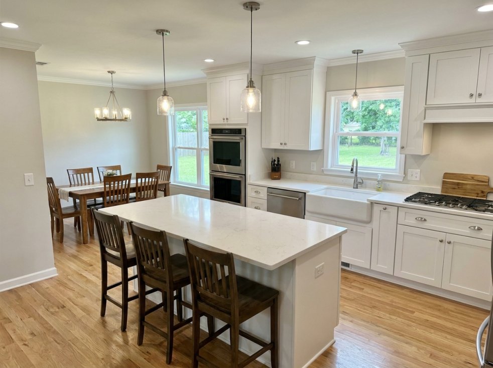 Updated modern kitchen in Opp, AL 36467 with white cabinets, island seating, and dining area